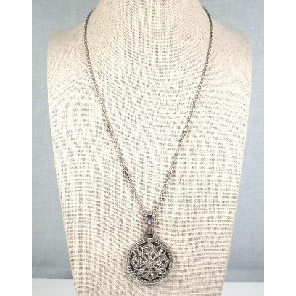 Vintage 925 Sterling Silver w Diamond Circle Cross Hearts Pendant Chain Necklace - Picture 3 of 16